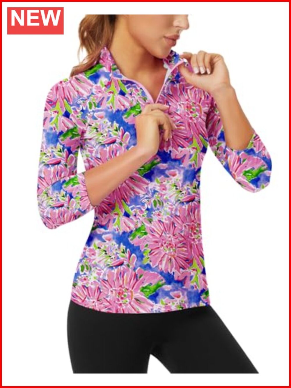 Womens Athletic Golf Polo Shirt 3/4 Sleeve Quarter Zip Moisture Wicking